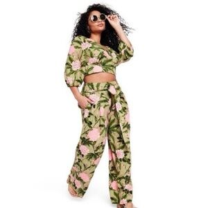 AGUA BENDITA Linen Green & Pink Peony Tropical Wrap Crop Top Blouse